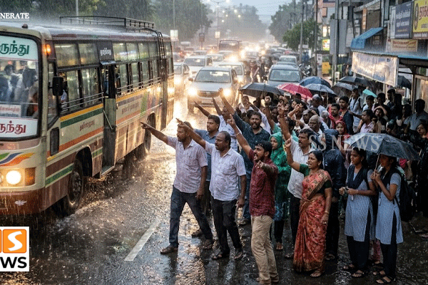 மழையில் காத்திருந்த பயணிகள்... தனியார் பேருந்துக்கு எதிராகப் பொதுமக்கள் ஆவேசம்!