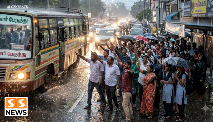 மழையில் காத்திருந்த பயணிகள்... தனியார் பேருந்துக்கு எதிராகப் பொதுமக்கள் ஆவேசம்!